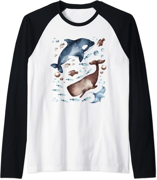 Orca Whale Motif For Kids With Ocean Fish Pattern Cute Fishy Raglan Baseball Tee