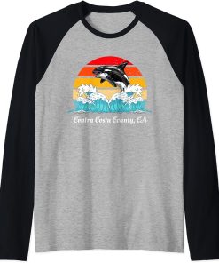 Vintage Contra Costa County Distressed Orca Killer Whale Art Raglan Baseball Tee