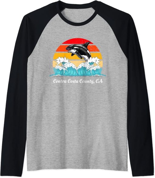 Vintage Contra Costa County Distressed Orca Killer Whale Art Raglan Baseball Tee